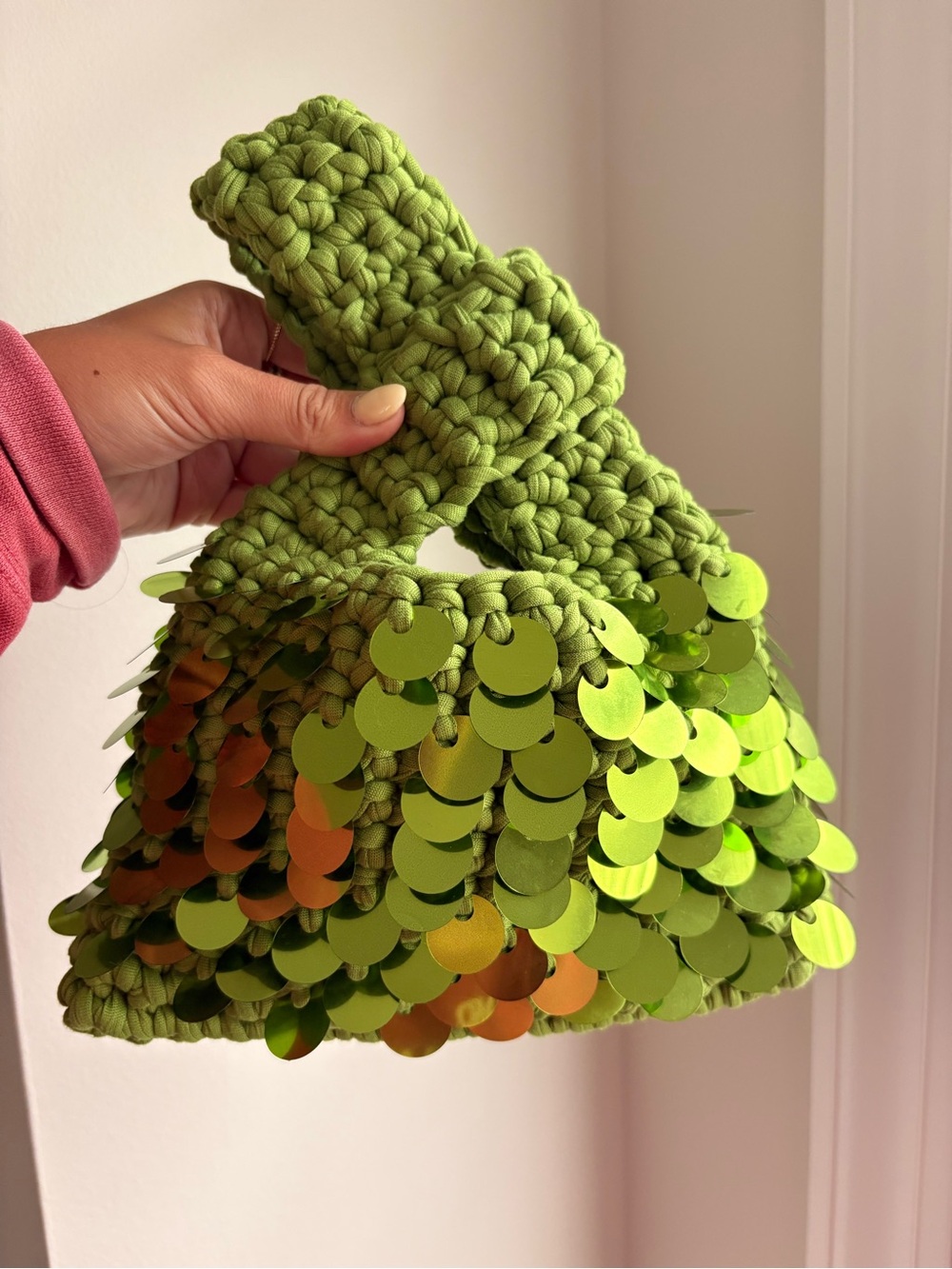 Handcrafted Lime Green Sequin Crochet Knot Bag